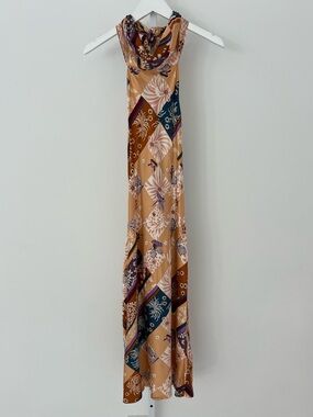 CATHERINE MALANDRINO GOLD TONE SILK HALTER DRESS SIZE US 6